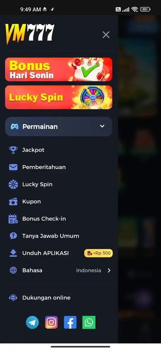 VM777 menu utama